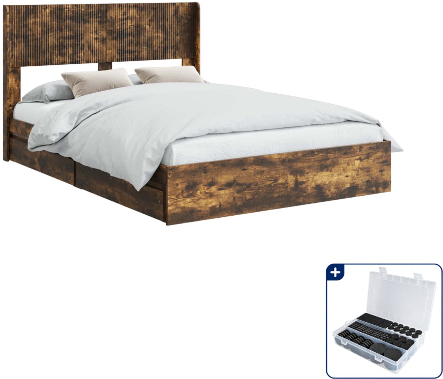 vidaXL bedframe met opbergruimte - 141,5 x 193 cm - gerookt eiken - Inclusief antikrasvilt 177-delig Bruin