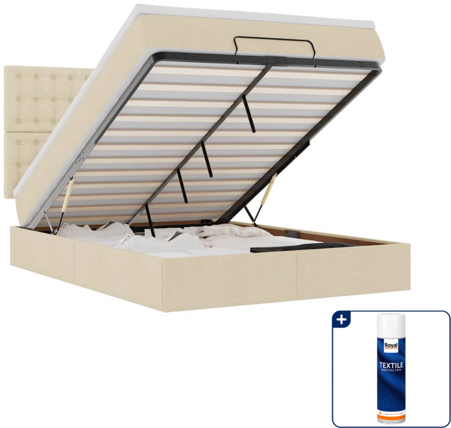 vidaXL ottoman bed - 140 x 190 cm - stof - crèmekleurig - Inclusief textielbeschermer 500 ml Zwart