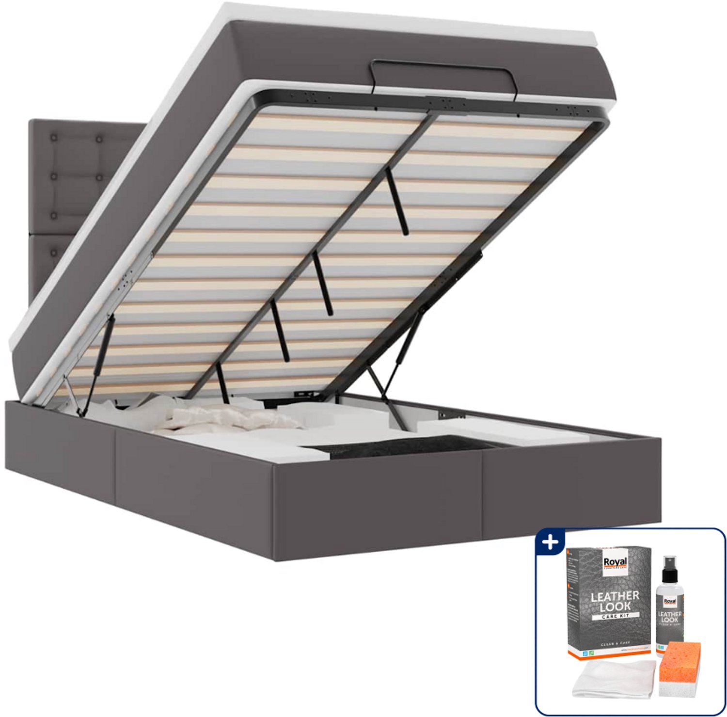 vidaXL ottoman bed met matras en led - 120 x 190 cm - kunstleer - grijs - Inclusief onderhoudsset voor kunstleer 150 ml
