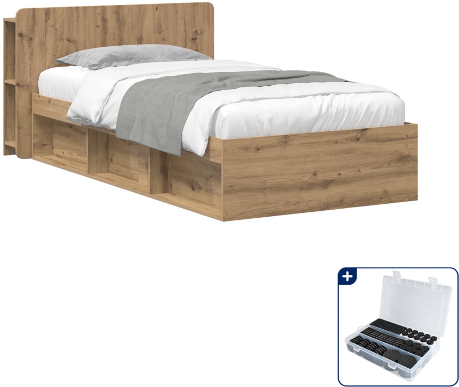 vidaXL bedframe met opbergruimte - 100 x 200 cm - bewerkt hout - eiken - Inclusief antikrasvilt 177-delig Bruin