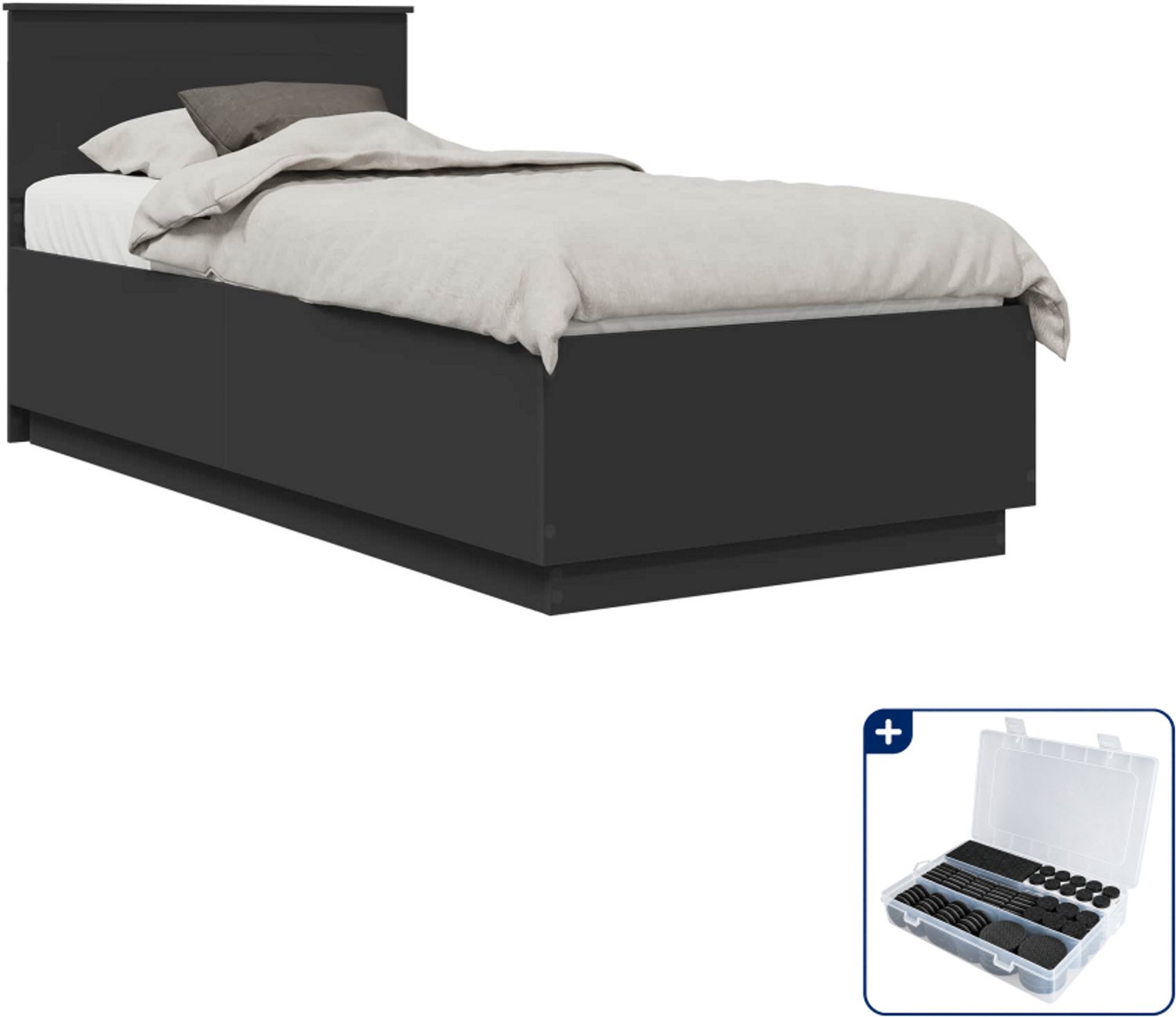 vidaXL Bedframe - 90 x 200 cm - bewerkt hout - zwart - Inclusief antikrasvilt 177-delig Grijs