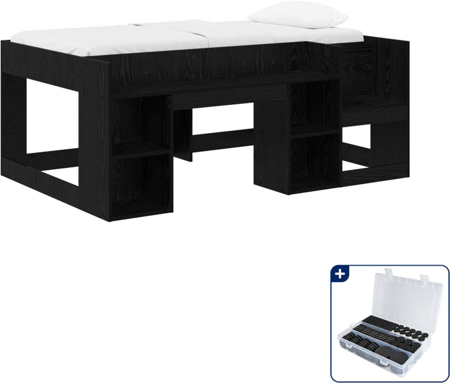 vidaXL kinderbed met opbergruimte - 80 x 160 cm - bewerkt hout - zwart - Inclusief antikrasvilt 177-delig