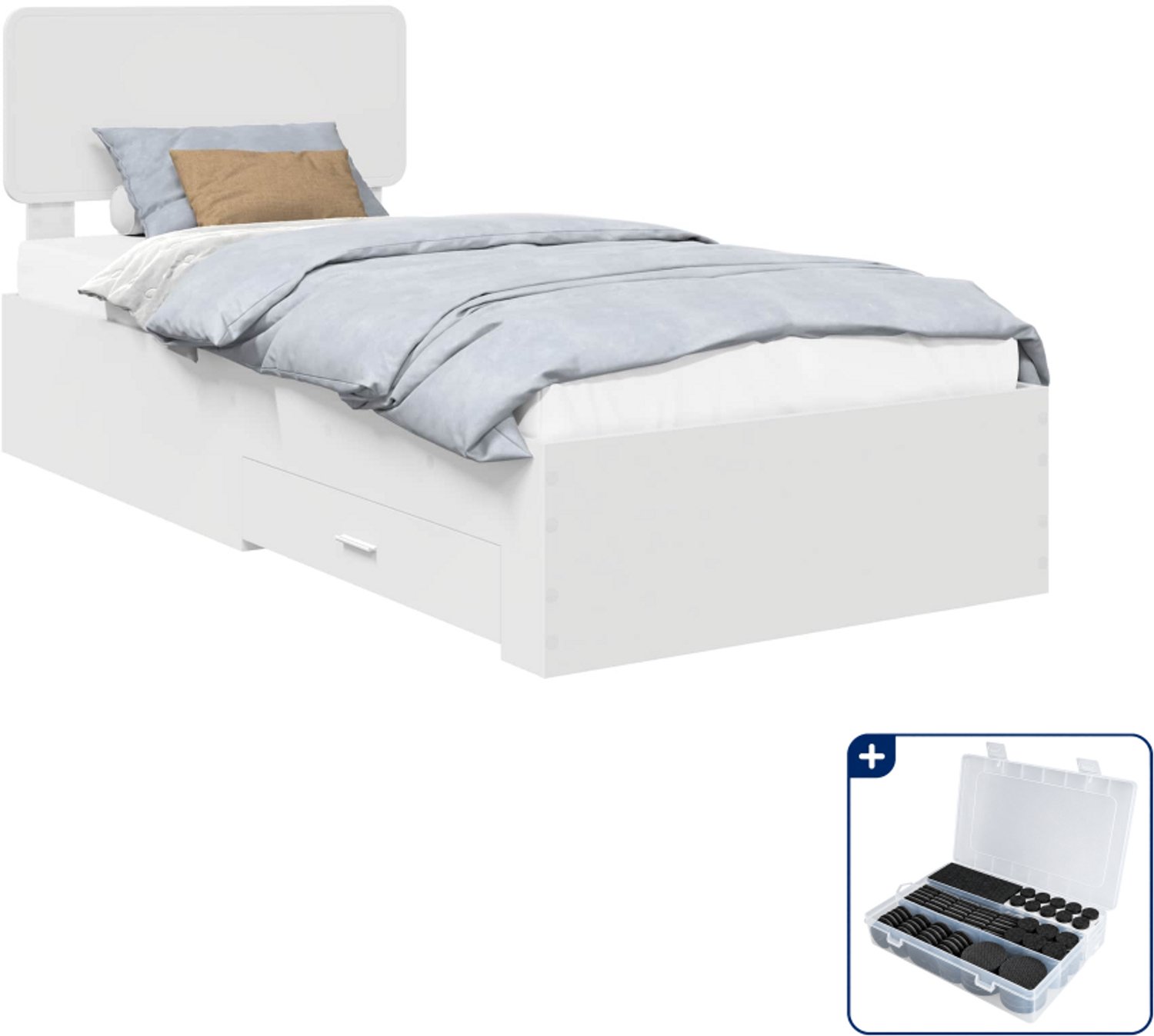 vidaXL bedframe met lade en hoofdeinde - 90 x 190 cm - bewerkt hout - wit - Inclusief antikrasvilt 177-delig