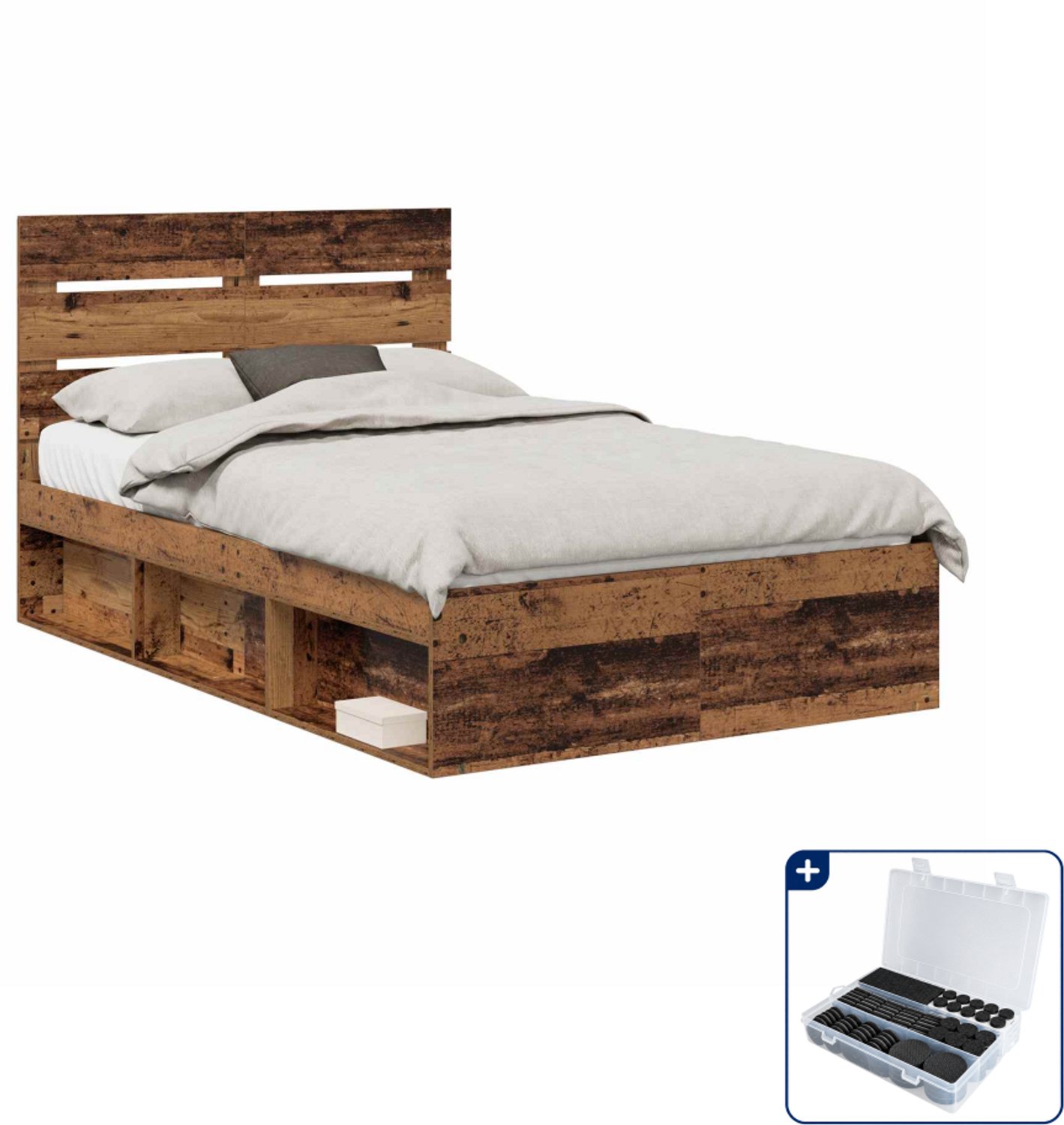 vidaXL bedframe met hoofdeinde 135 x 190 cm - oudhout - Inclusief antikrasvilt 177-delig Zwart