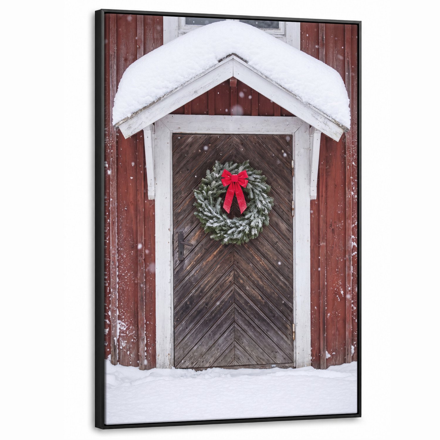 Canvas Schilderij met Baklijst XXL Canvas Schilderij met Baklijst 90x140cm - Deur - Kerstkrans - Winter - Muurdecoratie woonkamer - Slaapkamer decoratie - Kamer accessoires - Schilderijen op canvas met lijst groot