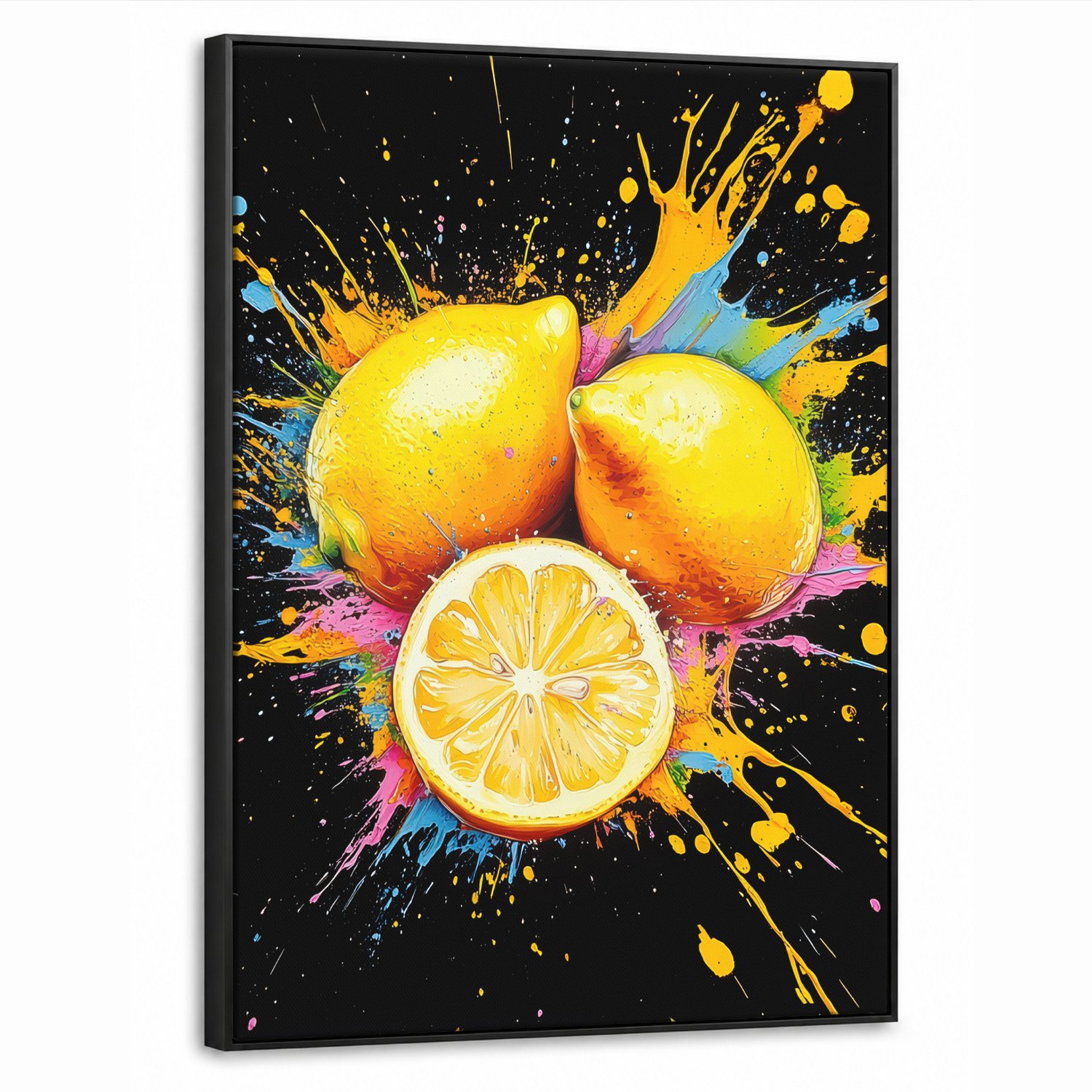Canvas Schilderij met Baklijst 70x100cm - Citroen - Graffiti - Kleurrijk - Verf - Modern - Muurdecoratie woonkamer - Slaapkamer decoratie - Kamer accessoires - Schilderijen op canvas met lijst