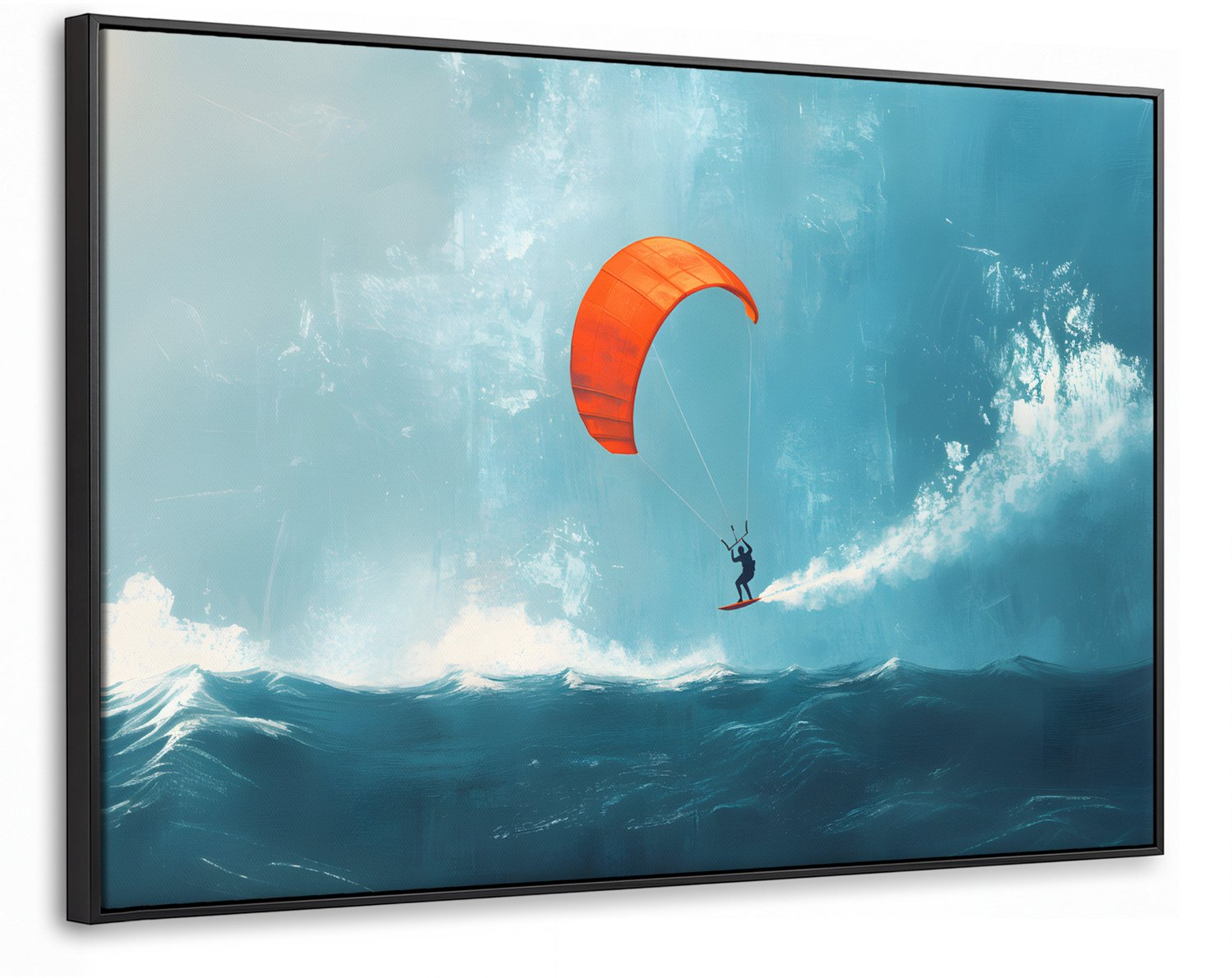 Canvas Schilderij met Baklijst XXL Canvas Schilderij met Baklijst 150x100cm - Kitesurfer - Oranje - Zee - Lucht - Muurdecoratie woonkamer - Slaapkamer decoratie - Kamer accessoires - Schilderijen op canvas met lijst groot