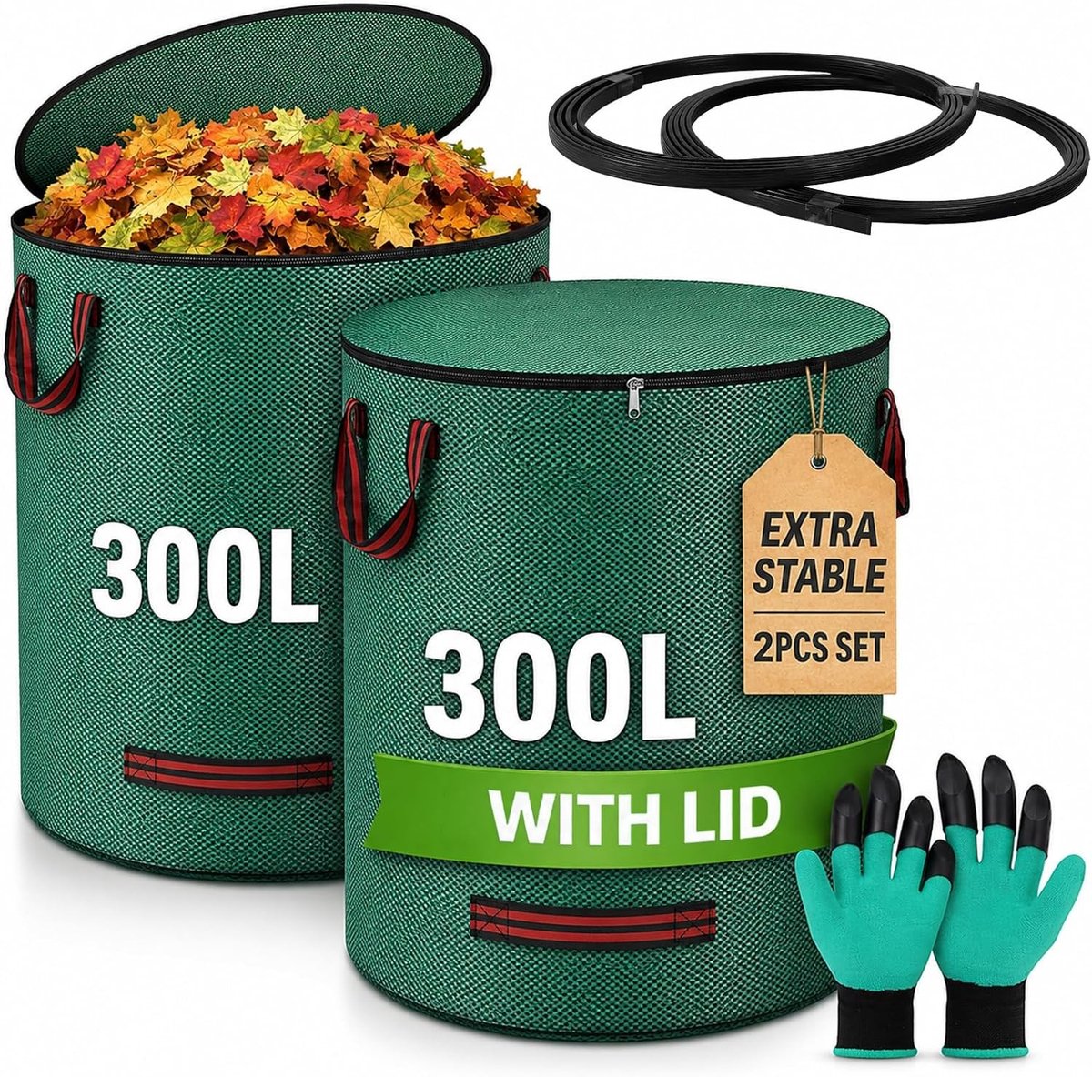 Set van 2 stevige tuinafvalzakken met deksel - 300 liter, ideaal voor tuinonderhoud en afvalverwerking