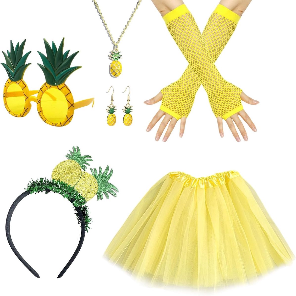 8-delige Hawaii Kostuum Accessoires Set met Ananas Tiara, Zonnebril, Oorbellen en Tutu voor Carnaval en Feestjes