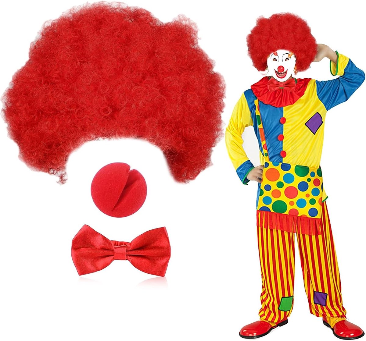 Clown Kostuum Set voor Mannen en Vrouwen - 3 Delige Set met Rode Krullende Peruk, Clown Neus en Strik voor Feest en Carnaval
