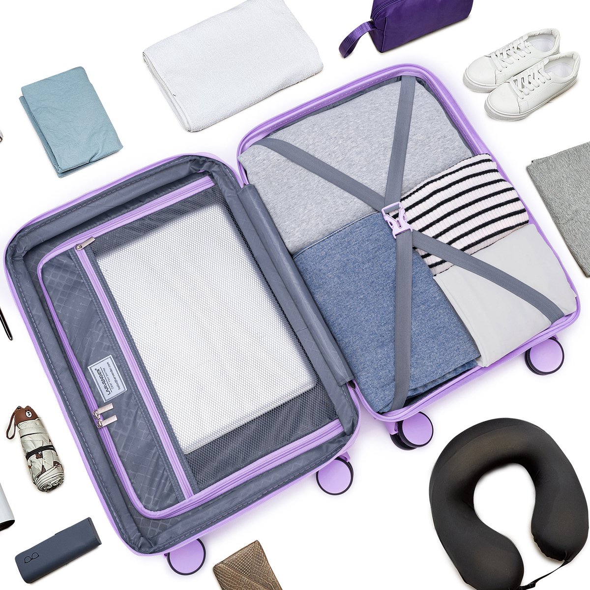 REDOM - Kofferset 3-delig - Uitbreidbare 20 inch handbagagekoffer - Hardcase met 8 spinnerwielen - 4-traps trekstang - Reizen - Polypropyleen - Lavendel - 37 x 24 x 57 cm