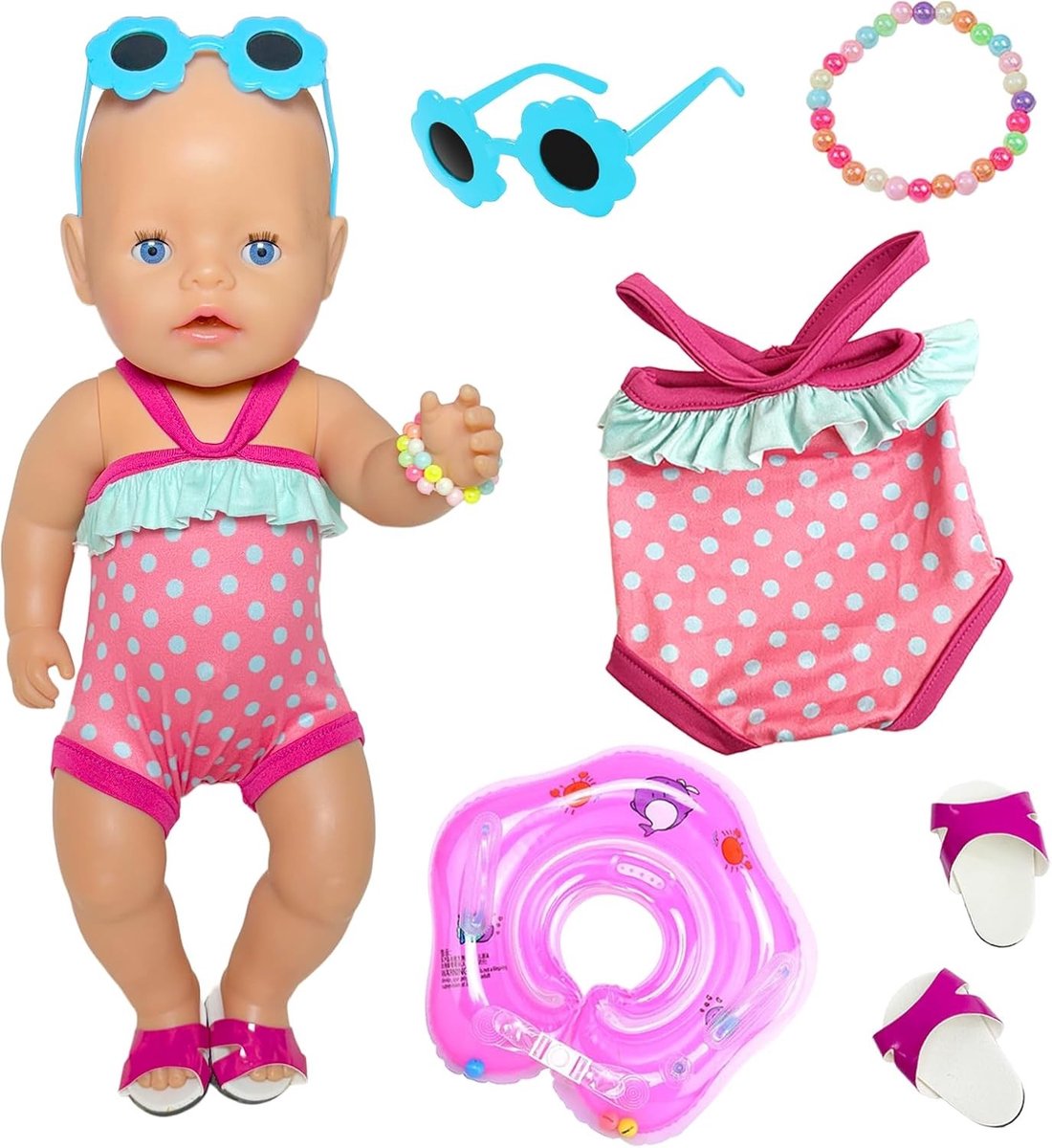 Zomerse 5-delige Baby Poppen Badpak Set voor 35-45cm Poppen met Zwemband, Zonnebril en Schoenen