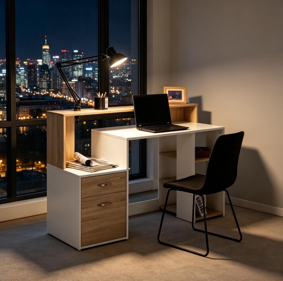 DESMIU Bureau Met 2 Lades En Open Vakken Compact Computerbureau Voor Werken En Studeren MDF Eiken Wit 137x55x92 Cm