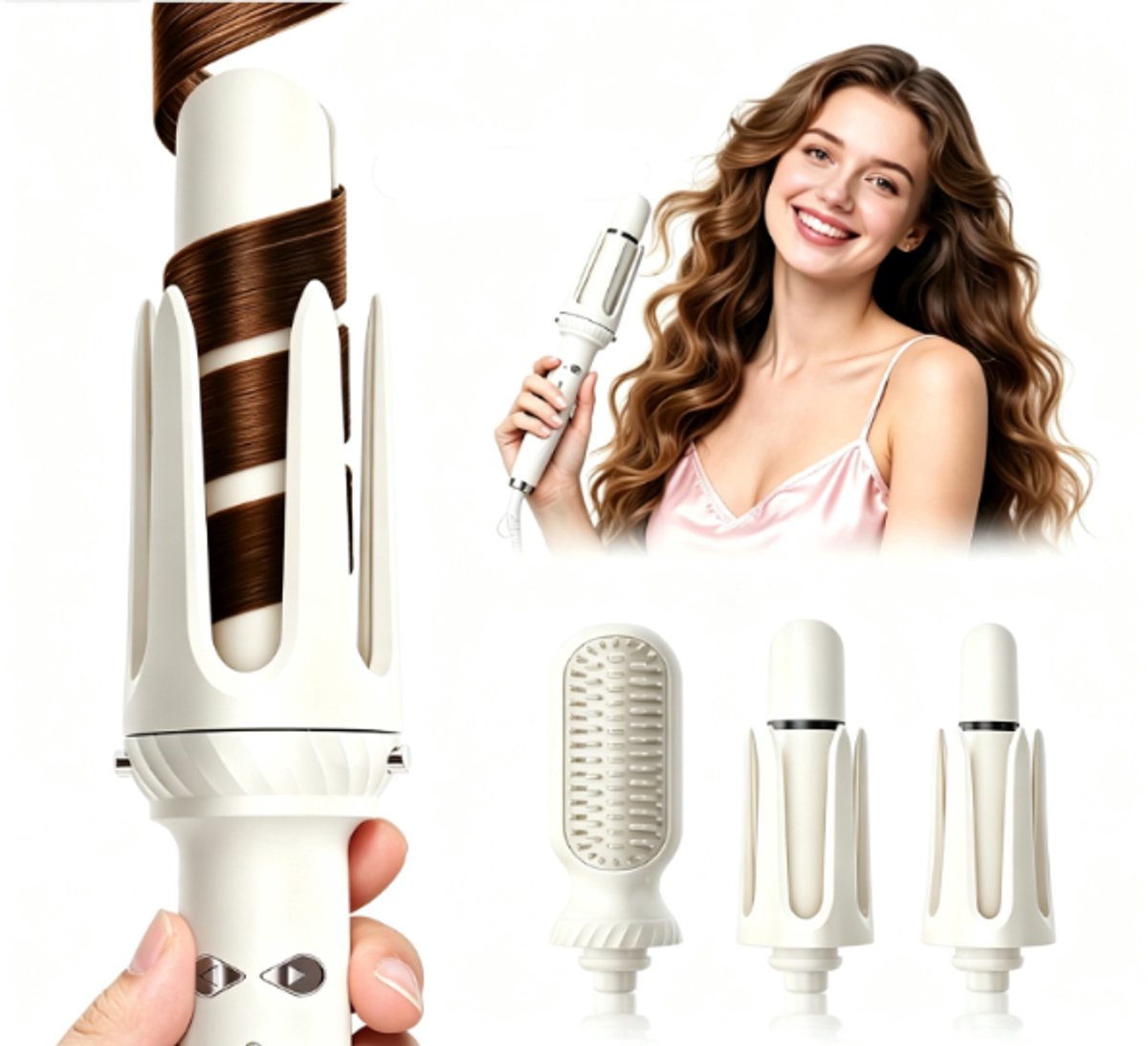 3‑in‑1 Haarstyling Set, Automatische Krultang, Stijltang & Warmteborstel, Verwisselbare 25 mm en 32 mm Opzetstukken, Franse Golven, Draagbaar met Hittebescherming, Geschikt voor Reizen（Wit）