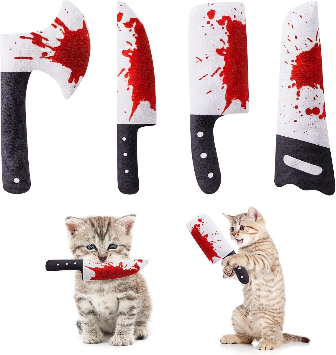 4-delige kattenspeelgoedset, eng Halloween-mesvormig kittenspeelgoed in mintkleur, kietelspeelgoed, geschikt voor binnenactiviteiten voor alle kattenrassen, 16,5 cm.