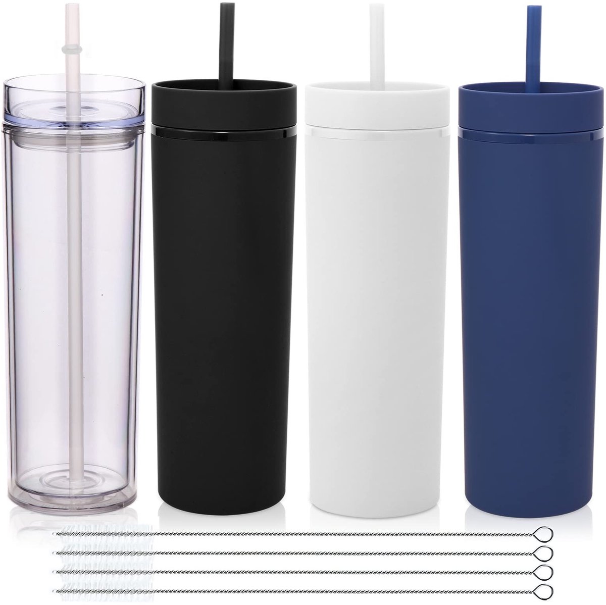 Elzusha - Set van 4 Plastic Drinkbekers met Deksel en Rietje 590ml