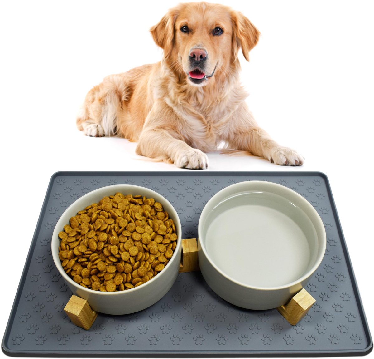 Elzusha - Dubbele Drinkbak voor Honden met Bamboo Stand en Antislip Mat