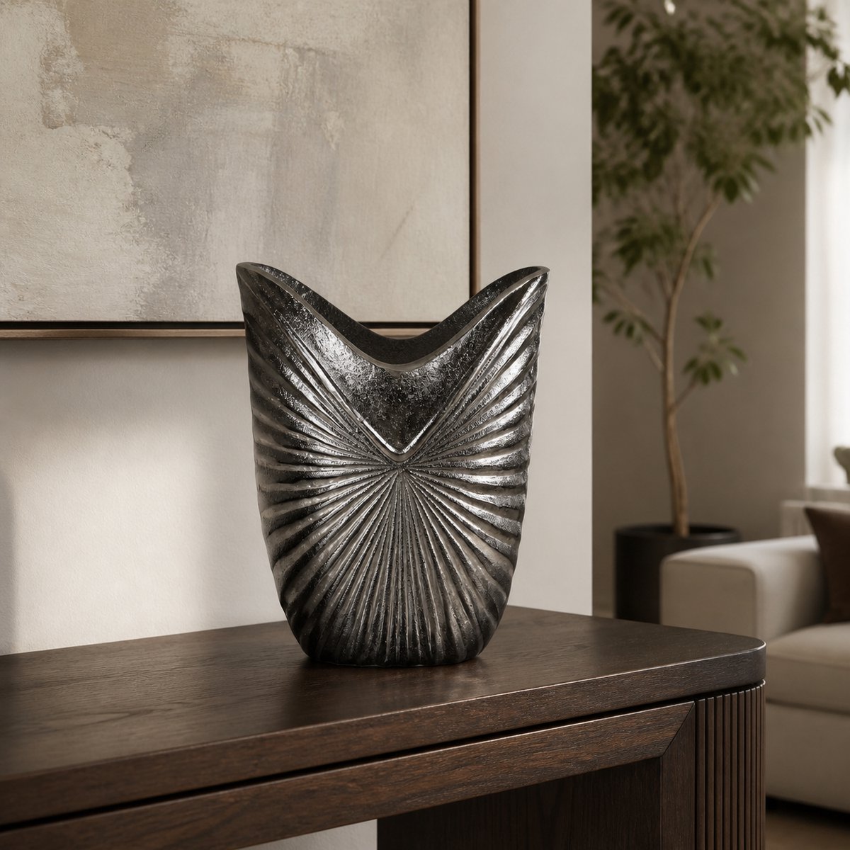 Hoppa! Vaas - Metalen met Zonmotief - Zwart Nikkel - 23 x 12 x 31 (B x D x H)