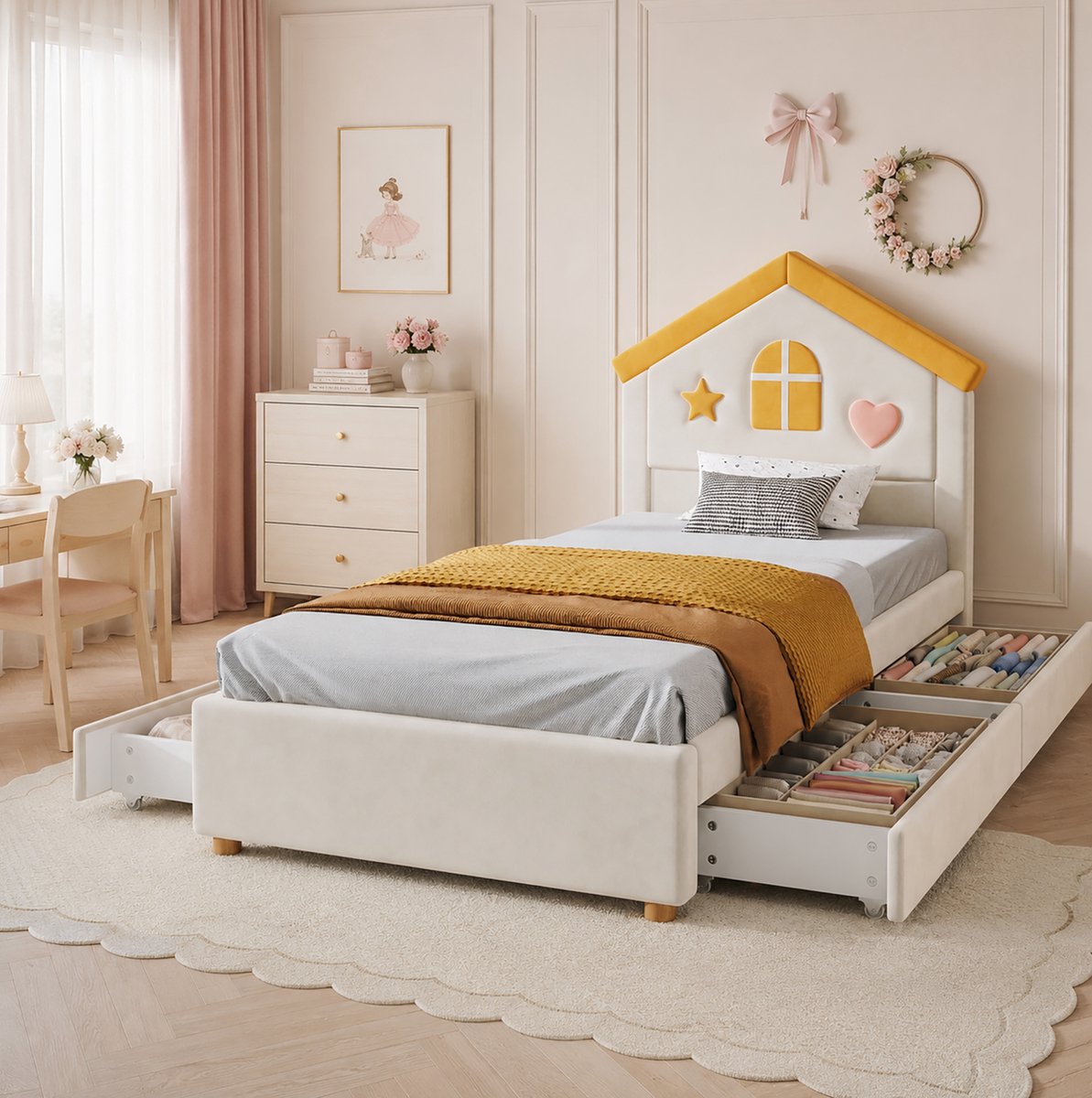 REDOM- Kinderbed met 4 laden - Huisvormig gestoffeerd hoofdbord - Frans fluweel - Lattenbodem - Kinderkamer - Beige - 90 x 200 cm