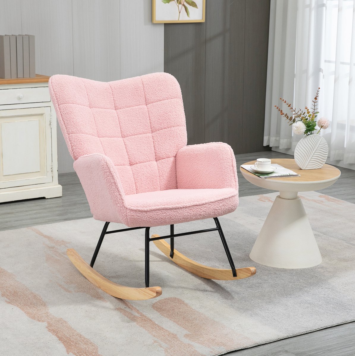 MODFU Schommelstoel Fauteuil - Hoge Rugleuning - Armleuningen - Houten Sledevoet - Roze