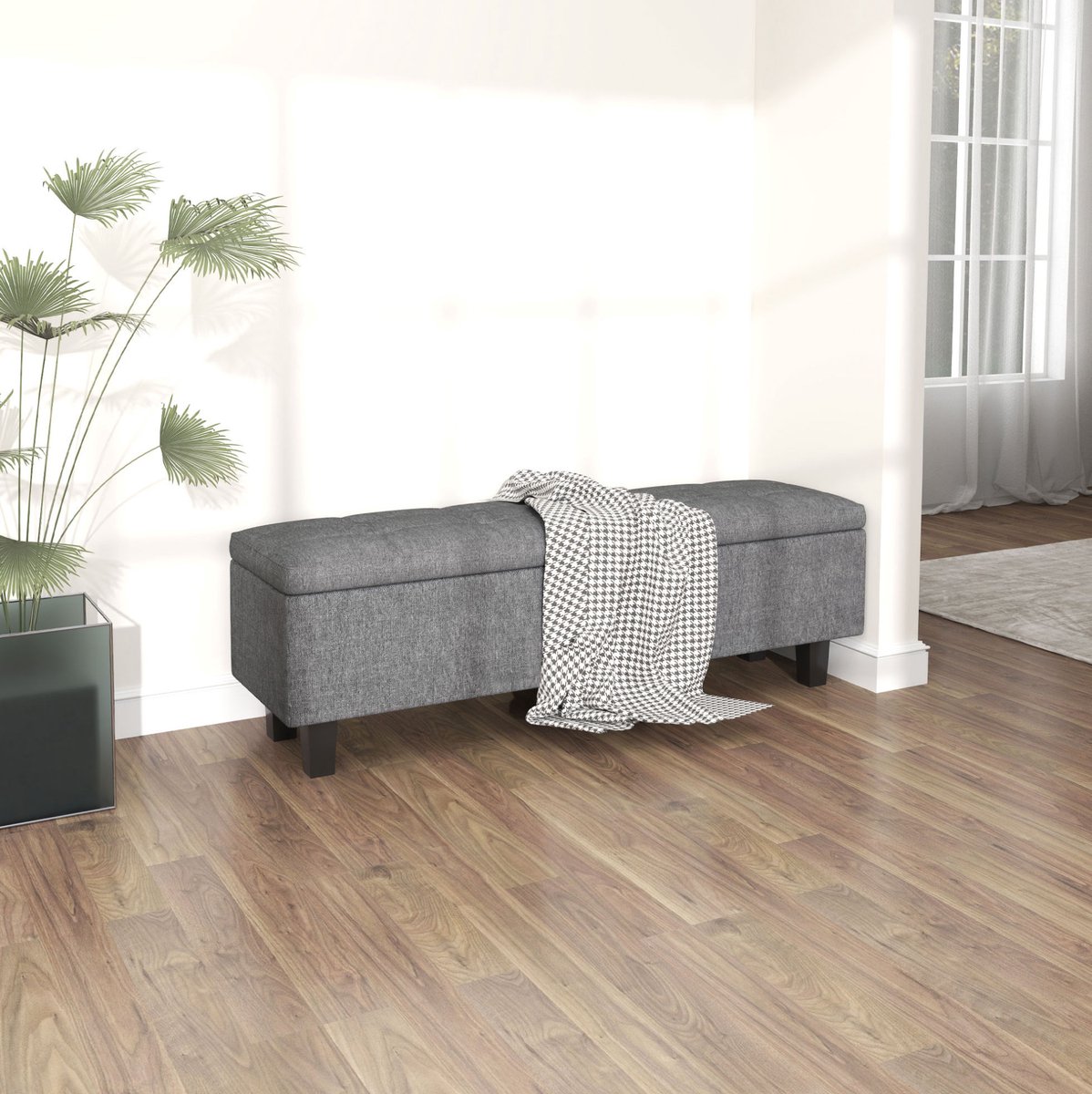 MODFU - Bedbank Met Opbergruimte - Gecapitonneerd - Linnen - Donkergrijs - 138 X 40 X 45 Cm
