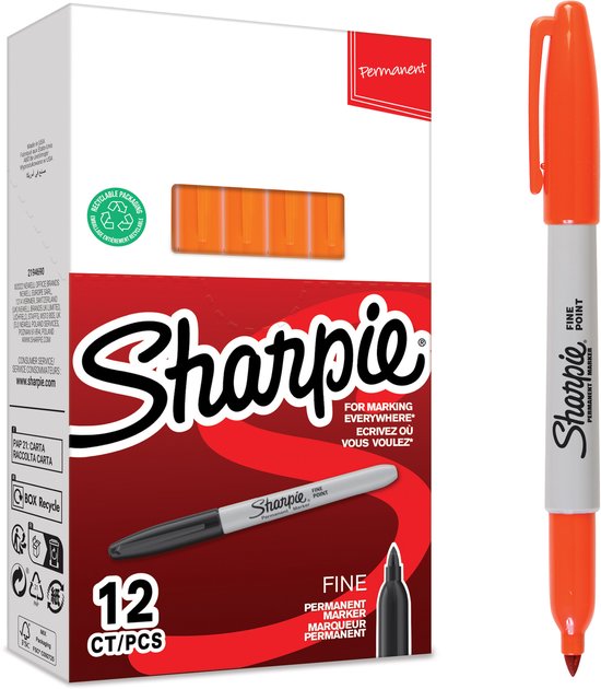 Verpakking van 12 oranje Sharpie permanente markers met fijne punt.