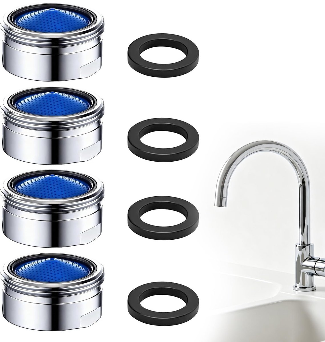 4 Stuks Perlator - Waterbesparend Verchroomd Roestvast Inzetstuk met ABS-filter en Pakking - Voor Kranen in Keuken en Badkamer - M22