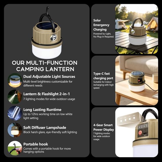 Solar campinglamp - uitschuifbaar - voor kamperen en buiten - oplaadbare campingleuchte - voor kampeerders - zwart - 2 stuks — afbeelding 3