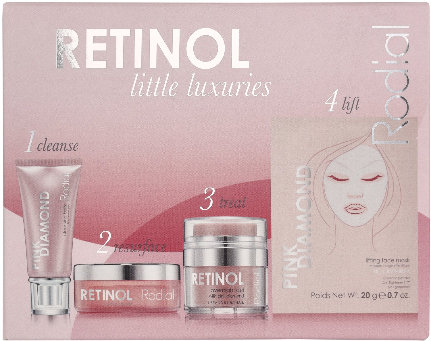 Rodial Pink Diamond Little Luxuries Set 49 ml - Gel Cleanser 20ml/Overnight Gel 9ml/Lifting Mask 20gr/Resulfacing Pads 20pads