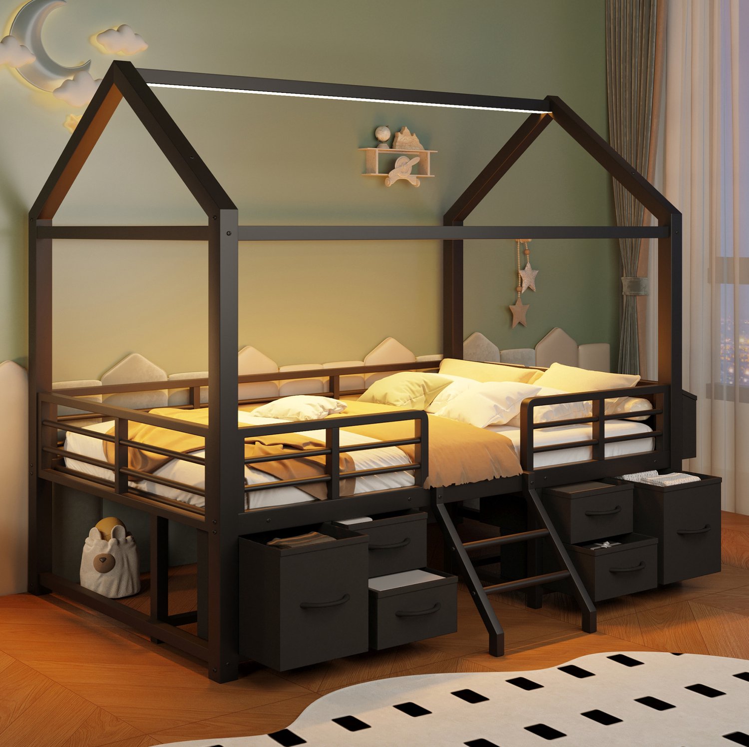 Wishdor Hoogslaper 90 x 200 cm - Huisdak met LED-verlichting - Stoffen opberglades en opbergruimte aan voeteneinde - Kinderkamer - Metaal en MDF - Zwart