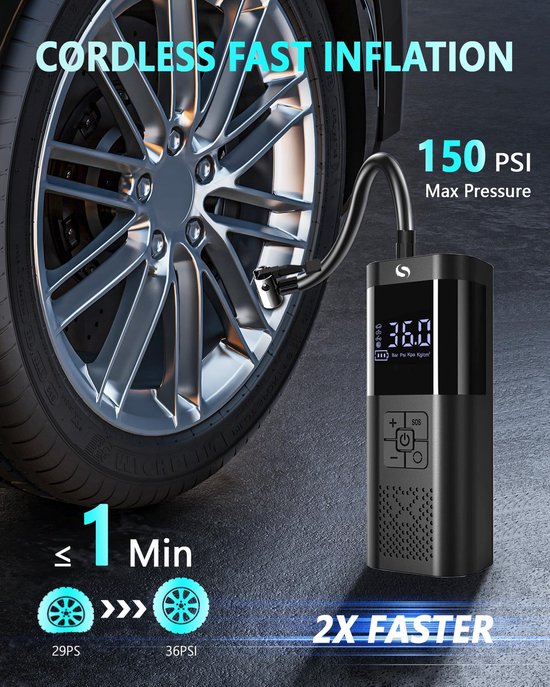 Luchtpomp Draagbare Elektrische - Met Manometer - Accucompressor - Compact - Voor Fietsen En Ballen — afbeelding 2