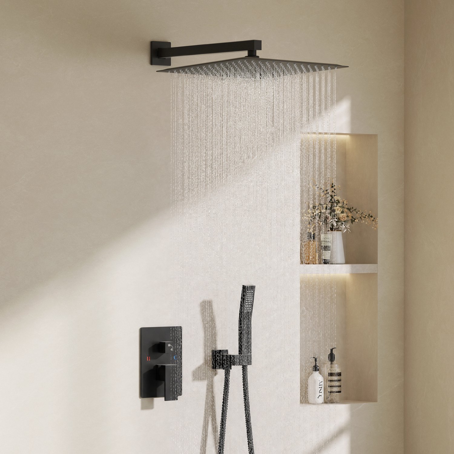 Auralum Luxe Regendoucheset - Inbouw - 12 Inch - Vierkant Douchesysteem - met Messing Kraan - Doucheset - Bedieningspaneel - Handdouche - Complete Regendouche - Mat Zwart