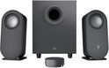 Logitech Z407 systeem met twee grijze luidsprekers, een subwoofer en een ronde draadloze bedieningsknop.
