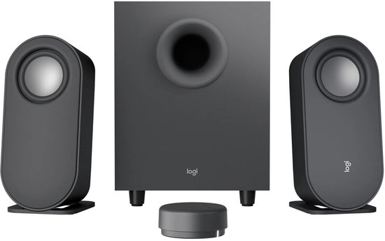 Logitech Z407 systeem met twee grijze luidsprekers, een subwoofer en een ronde draadloze bedieningsknop.
