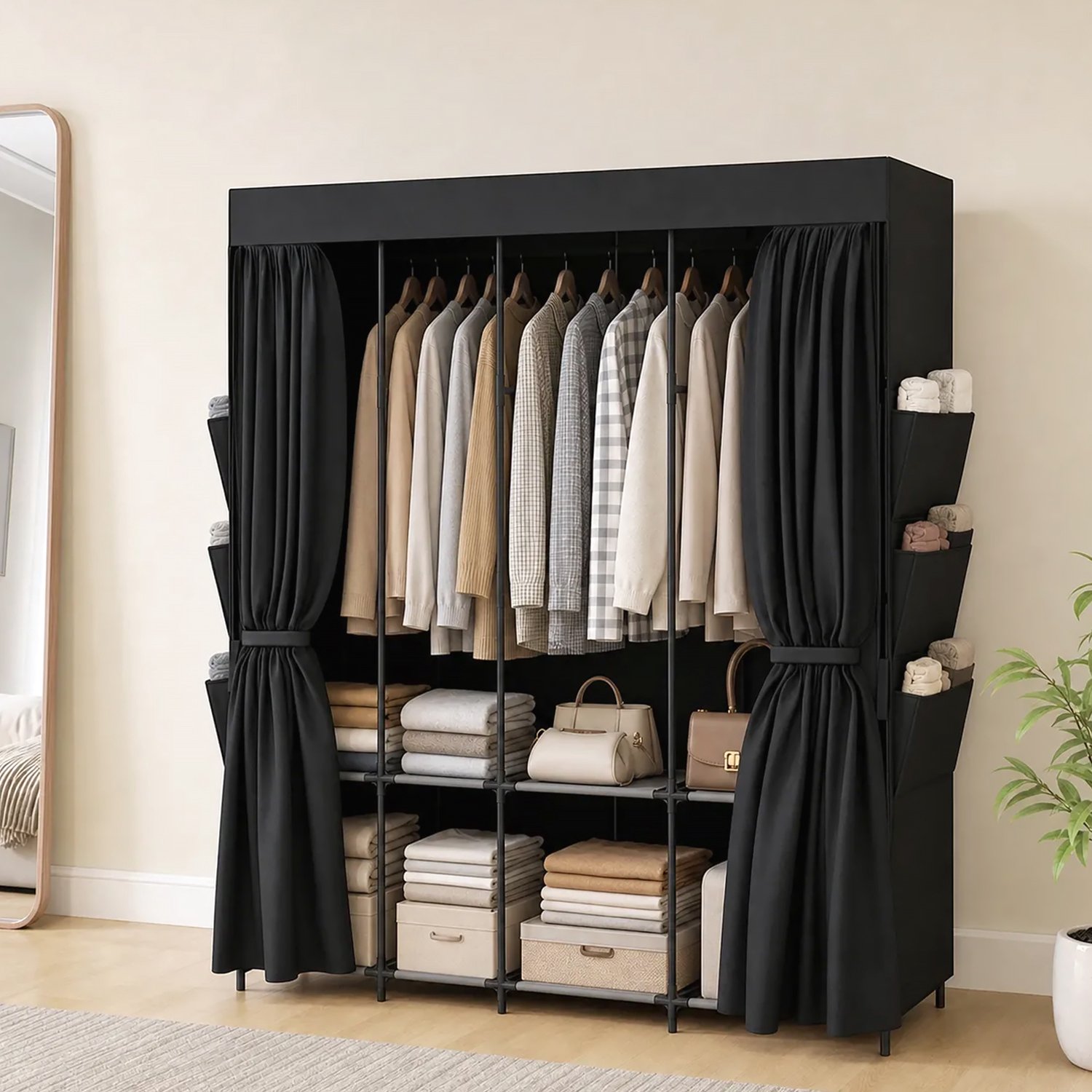 TEKROA® Kledingkasten - Ruimtebesparende stoffen kledingkast - met 3 kledingroedes - 3 legplanken - 6 zijvakken - stofvrije deuren met ritssluiting -zwart