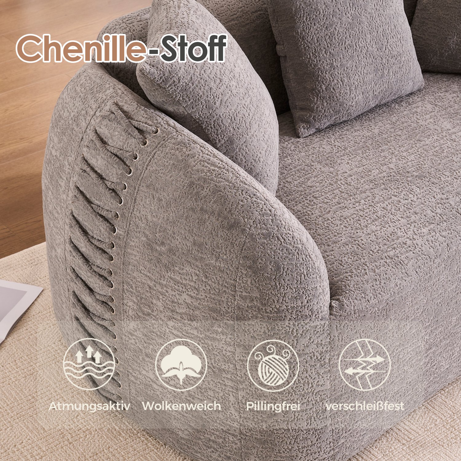 OKWISH Zitbank 155 x 90 x 67 cm - Gebogen 2-Zitsbank met Sierkussens en Sierveters - Voor Kleine Woonruimtes - Chenille - Lichtgrijs