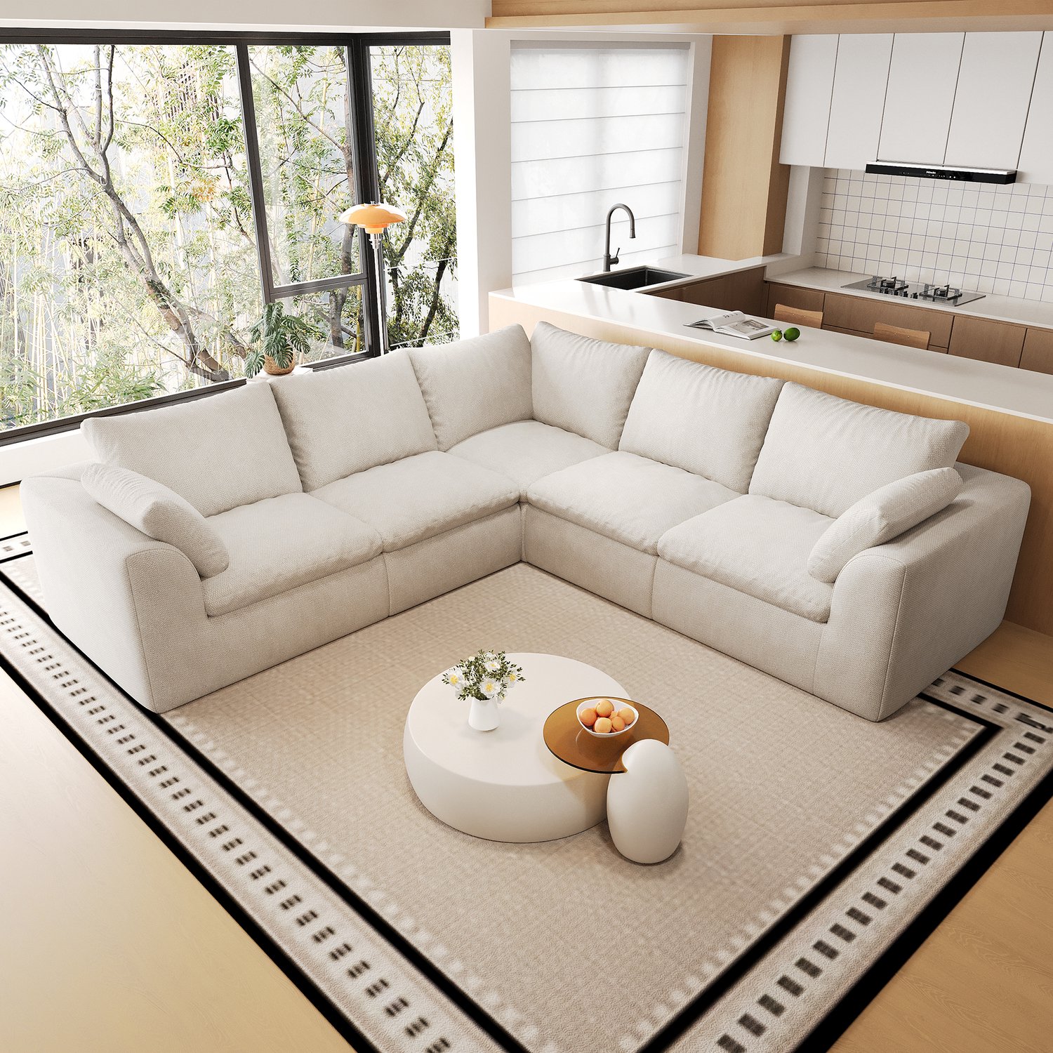 OKWISH Hoekbank 245 x 245 x 83 cm - V-Vormige 5-Zitsbank met Zacht Zitcomfort - Voor de Woonkamer - Linnen - Beige Wit