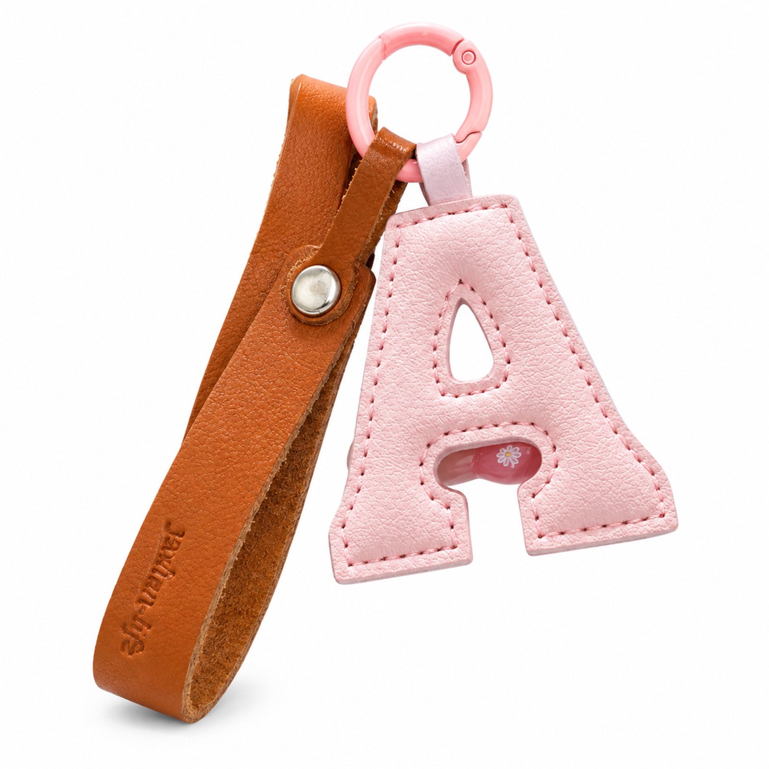 Sleutelhanger met leren letter A, roze met bruine lus en roze bevestigingsring, tashanger, individueel verpakt