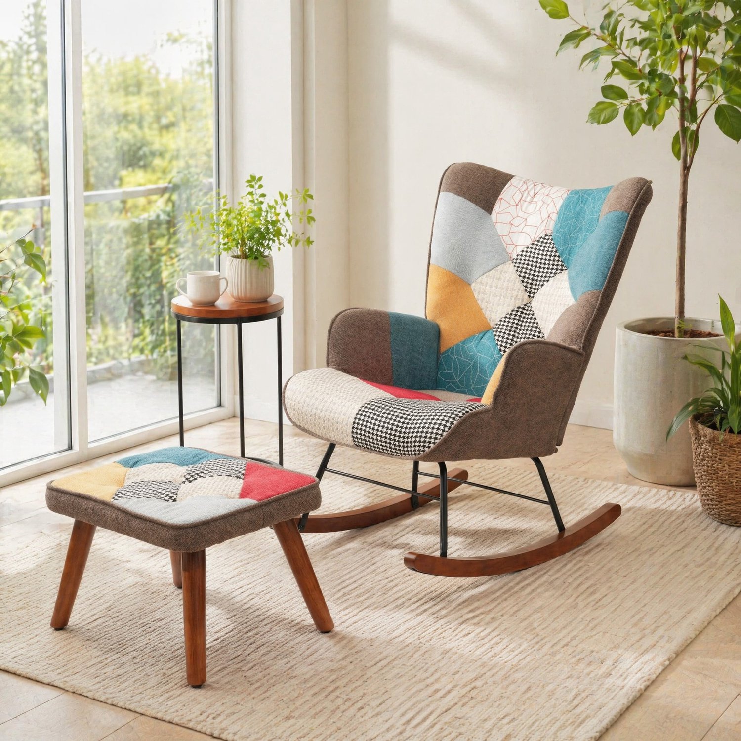 MEUNIQ Schommelstoel met voetenbank, kleurrijk patchwork, gestoffeerde zitting en rugleuning, houten en metalen onderstel, voor de woonkamer Meerkleurig