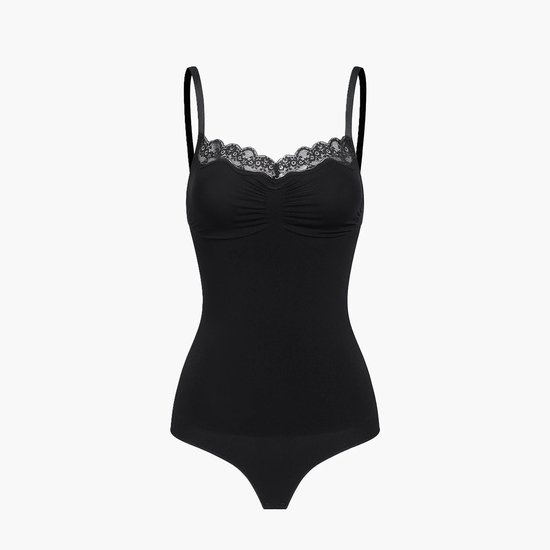 Zwarte corrigerende bodysuit met dunne bandjes, kanten afwerking aan de halslijn en geplooid borstdetail.