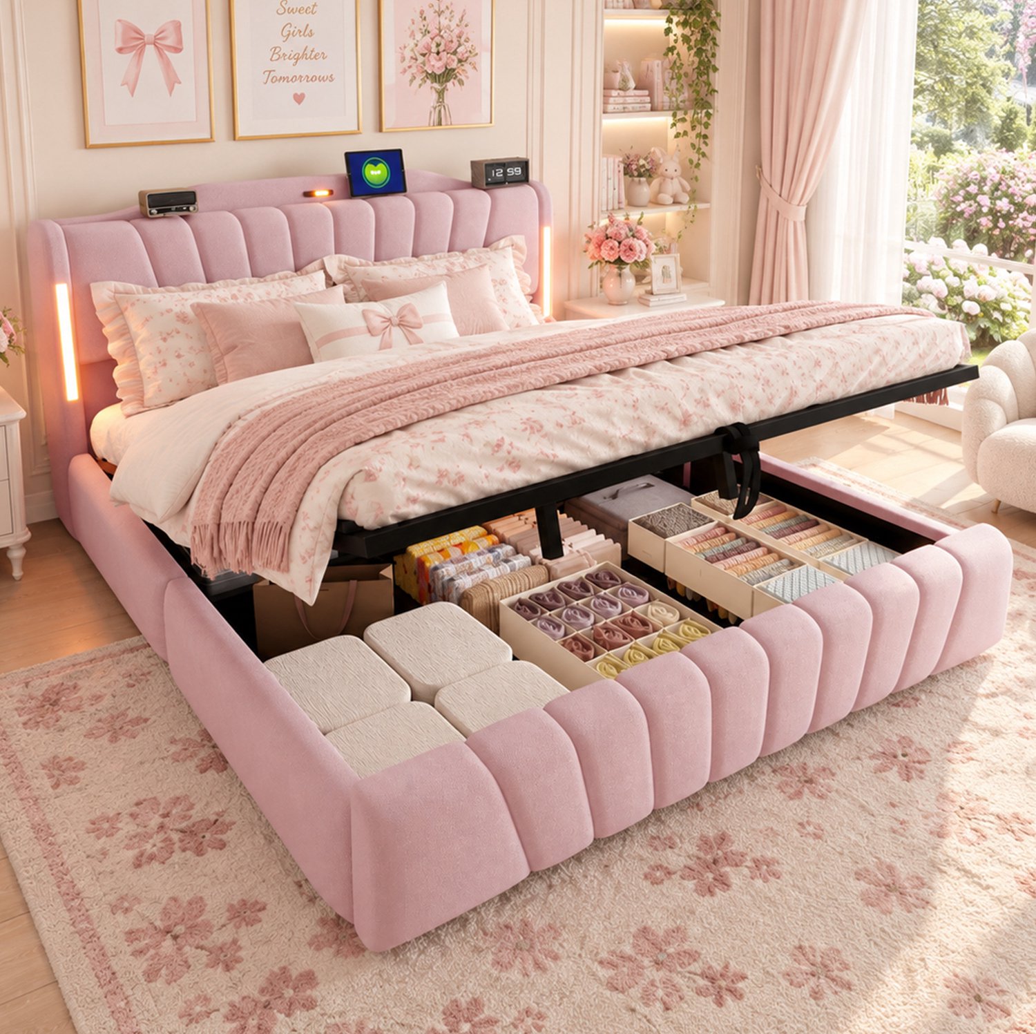 OKWISH Gestoffeerd Bed 180x200 cm - Tweepersoonsbed met Verlichting en Oplaadaansluitingen - Hydraulische Opbergruimte - Fluweel - Zonder Matras - Roze