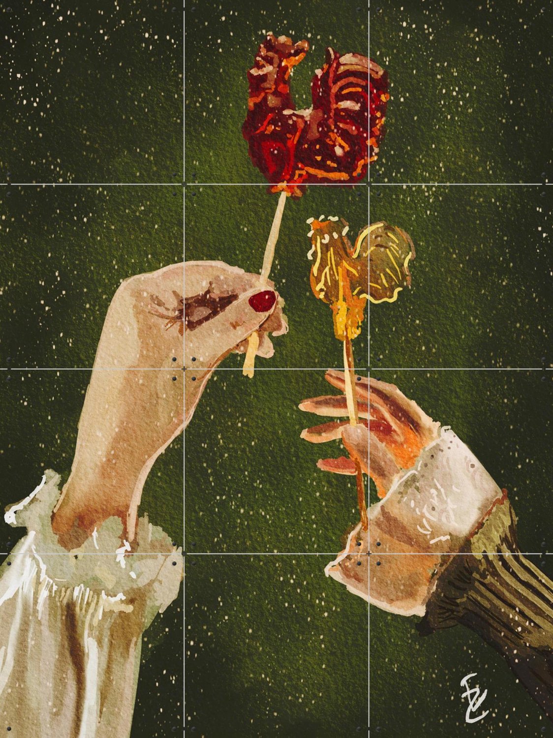 IXXI Sugar Rooster, Ekaterina Zagorska - 60 x 80 cm - Grote wanddecoratie en posters - Schilderijen, Woonkamer, Eetkamer, Handen, Eten & Drinken Groen