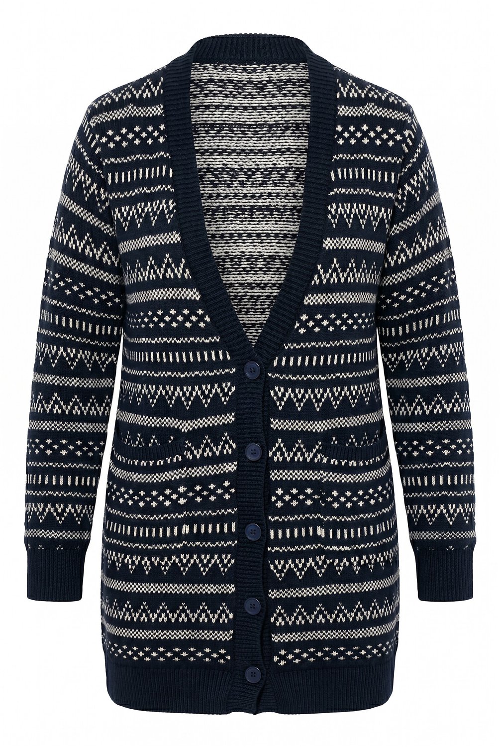 Ulla Popken - Dames - Lang gebreid vest jacquard V-hals lange mouwen - Marine - Maat 42+