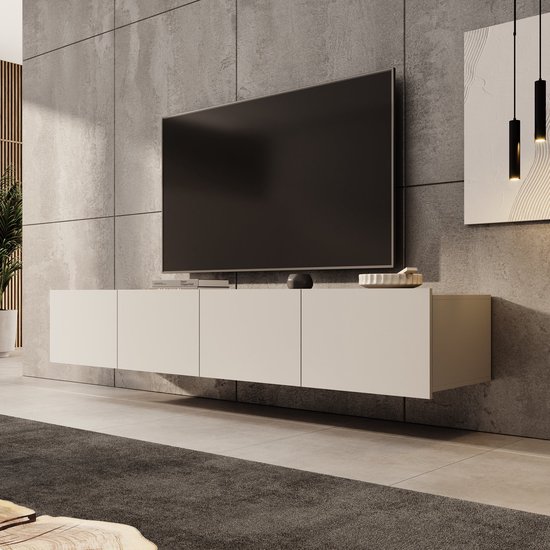 Strak beige hangend tv-meubel van 200 cm tegen een grijze betonnen muur onder een zwarte televisie.