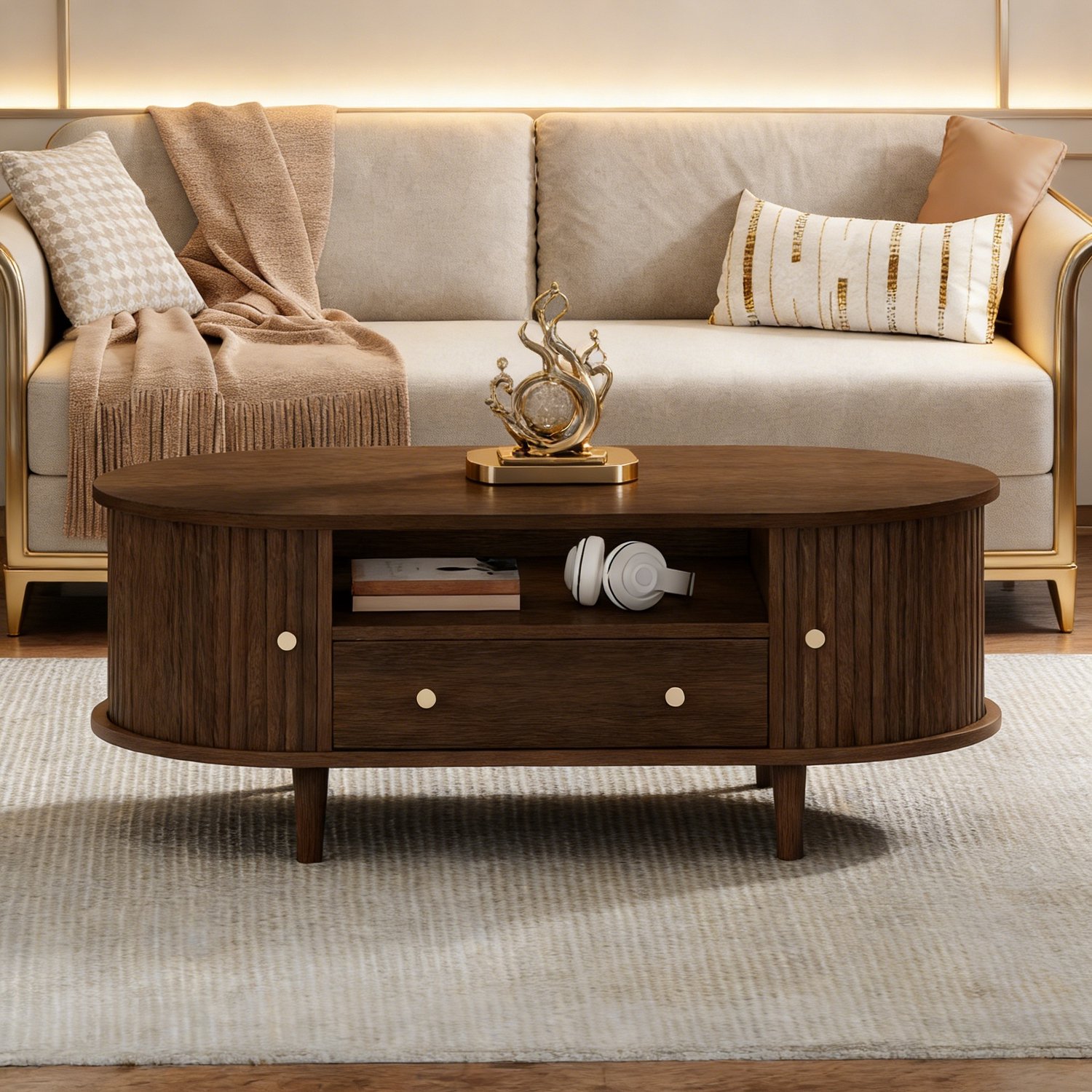 MEUNIQ Ovale salontafel 100 x 50 x 36 cm, walnootkleur, met lade, open opbergvak en roldeur, vier poten, voor de woonkamer