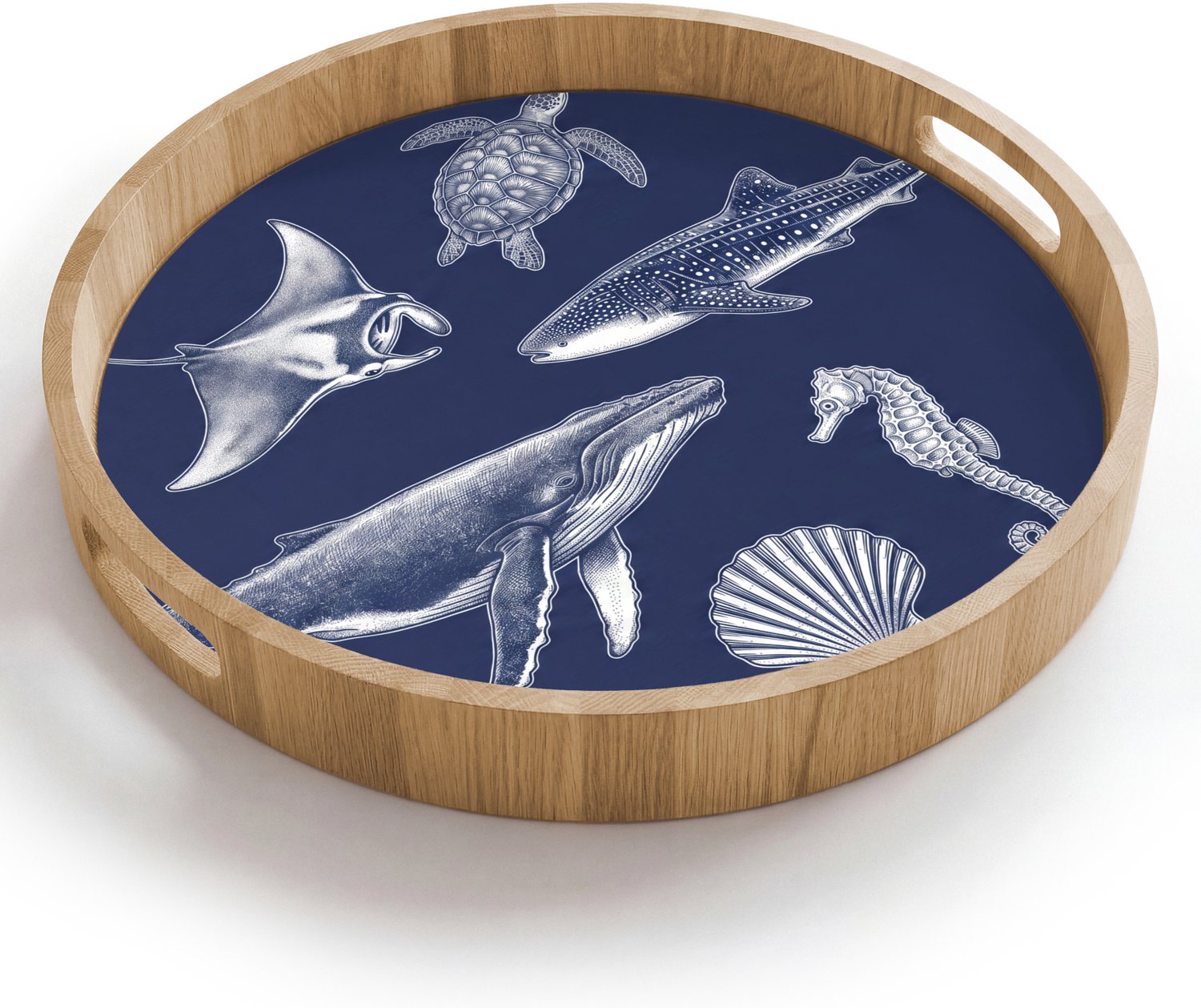 Dienblad rond 40x40 cm - Schootdienblad hout - Dieren - Zeeleven - Oceaan - Graveren - Blauw - Borrelplank rechthoek - Plateau houten dienbladen