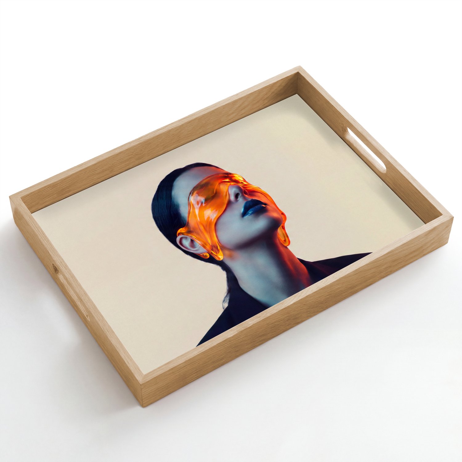 Dienblad hout 50x35 cm - Schootdienblad - Vrouw - Oranje - Abstract - Modern - Kleurrijk - Borrelplank rechthoek - Plateau dienbladen