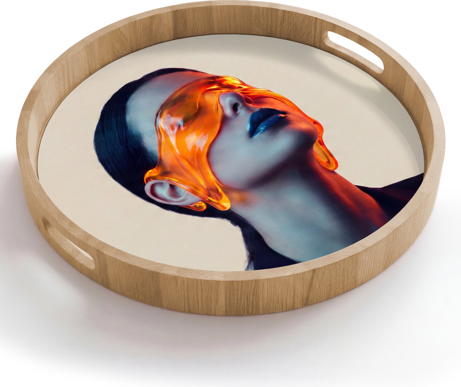 Dienblad rond 50x50 cm - Schootdienblad hout - Vrouw - Oranje - Abstract - Modern - Kleurrijk - Borrelplank rechthoek - Plateau houten dienbladen