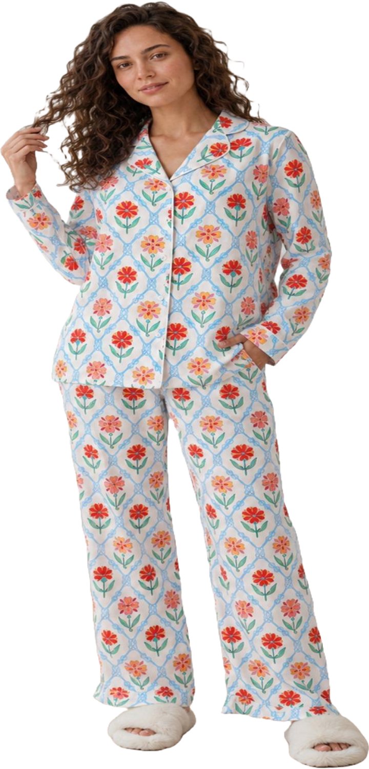 Imily Bela Dames Tweedelige Pyjamaset met Bloemenprint, Reverskraag en Lange Broek Roze met bloemen
