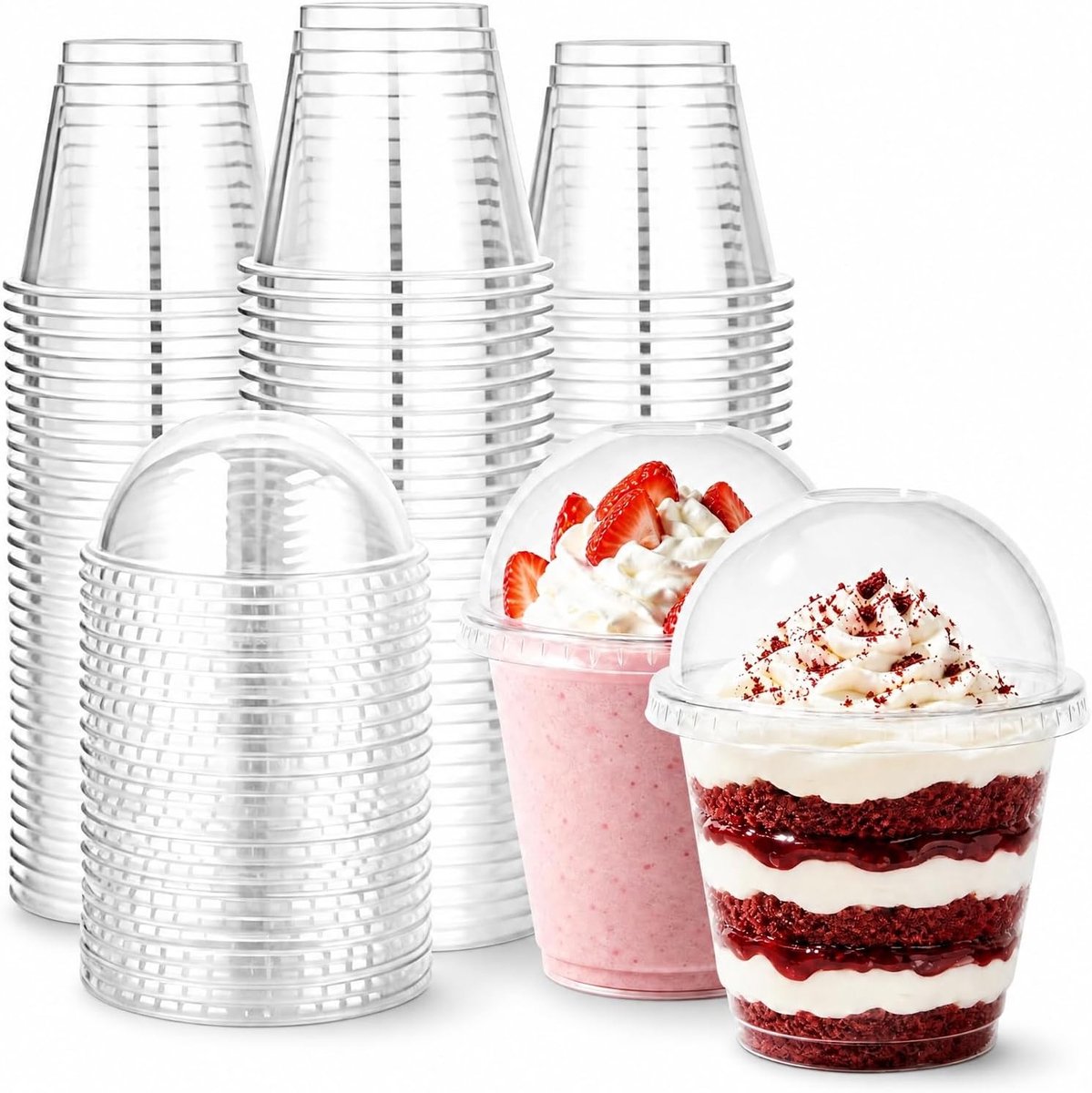 Set van 50 Herbruikbare Plastic Dessertglazen met Deksel, 270 ml Transparante Cups voor Pudding, Mousse en Appetizers met Lepels
